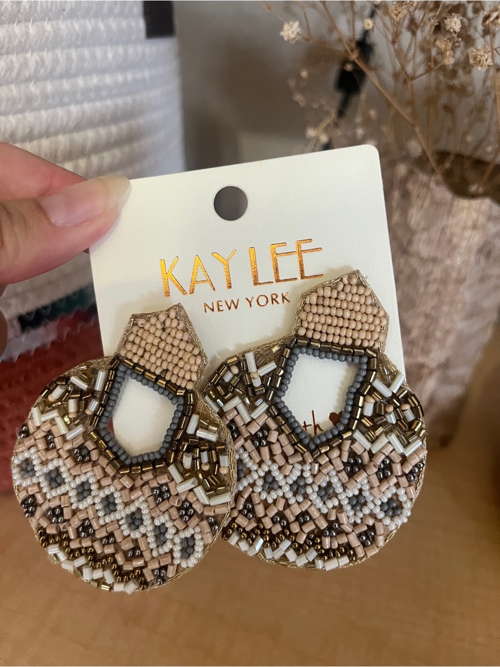 Kaylee New York Beige and Gold Beaded Statement Earrings